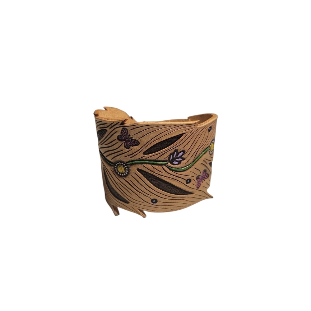 Handcrafted Genuine Tooled Leather Feather Cuff Bracelet Garden Motif